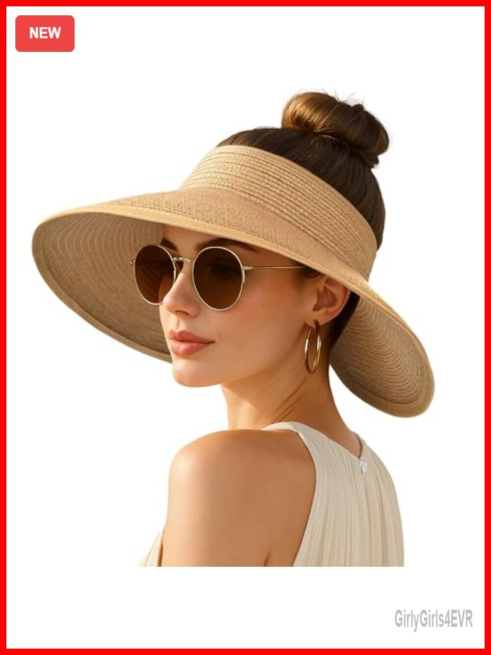 Wide Brim Straw Sun Visor Hat Foldable Ponytail Beach Hat